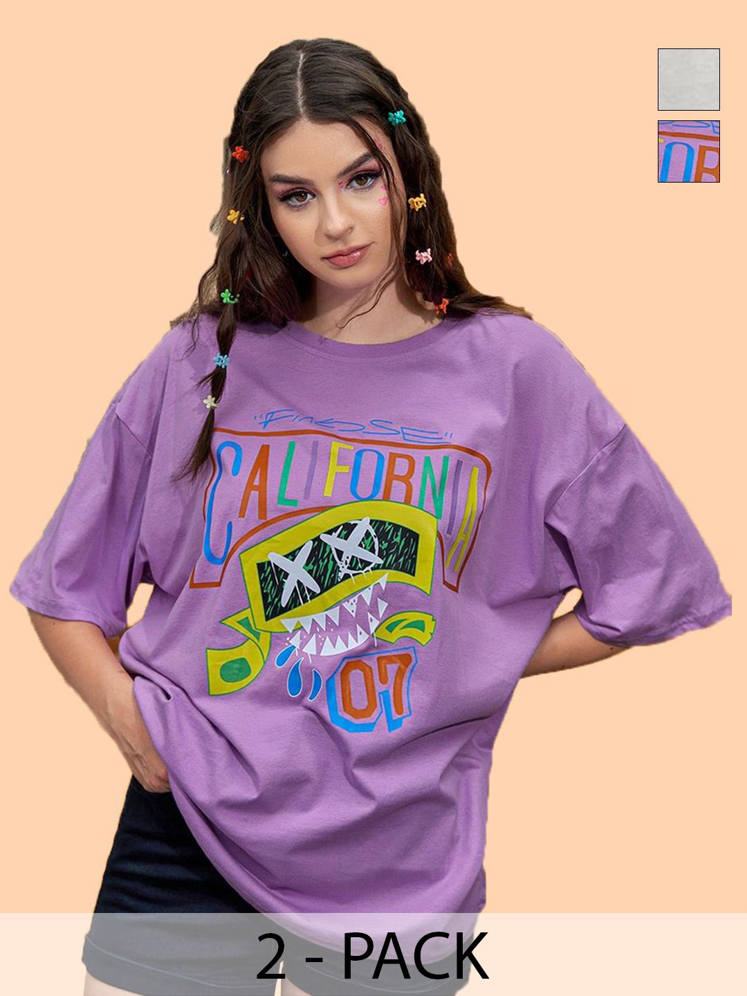 Metronaut Women Pack of 2 Graphic Printed Round Neck Cotton Oversized T-shirts-picture-40