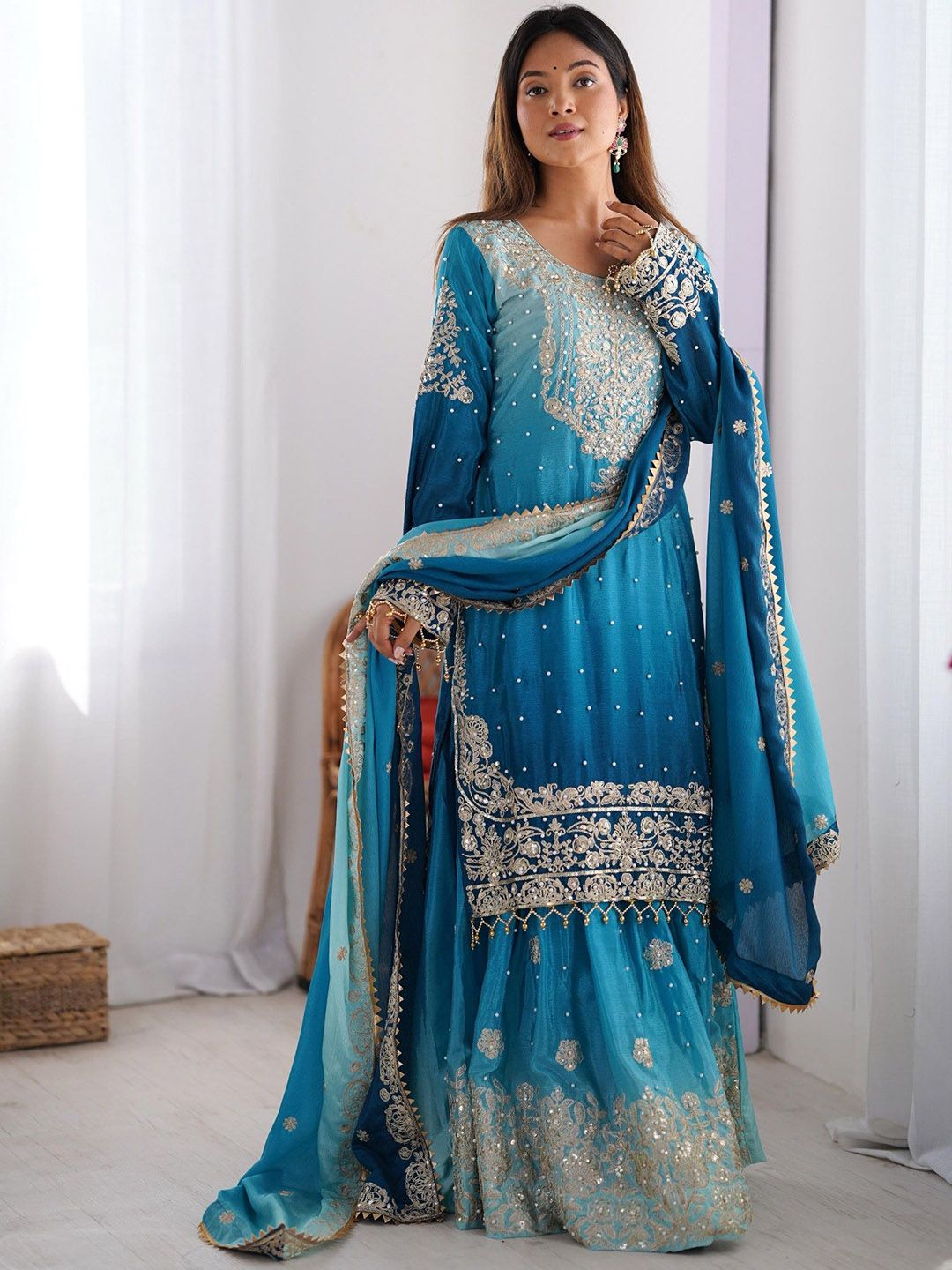 Women Ethnic Motifs Poly-Georgette Ethereal Embroidery Kurta Set