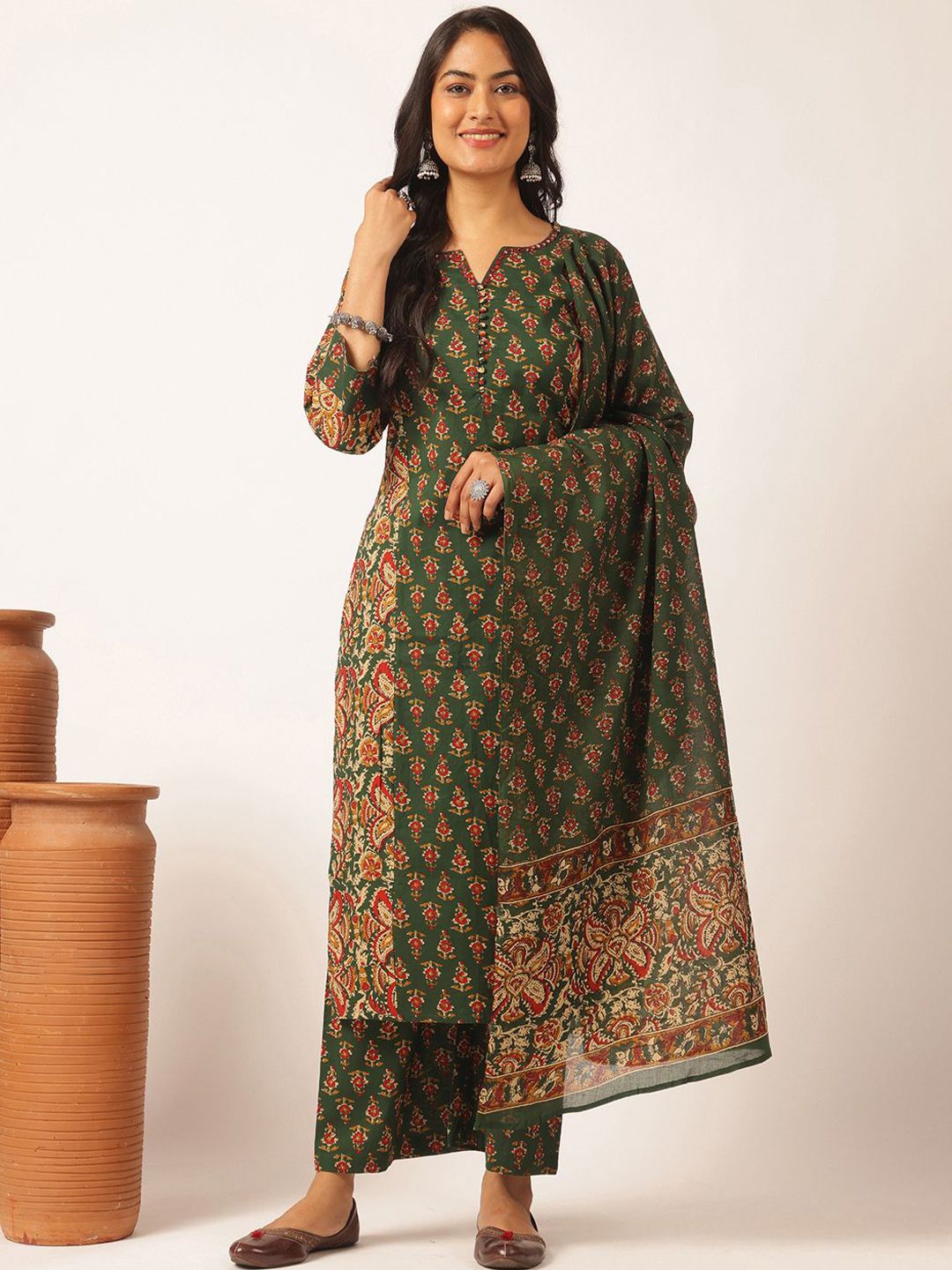 Vbuyz Floral Printed Notch Neck Pure Cotton Straight Kurta With Palazzos & Dupatta-picture-32