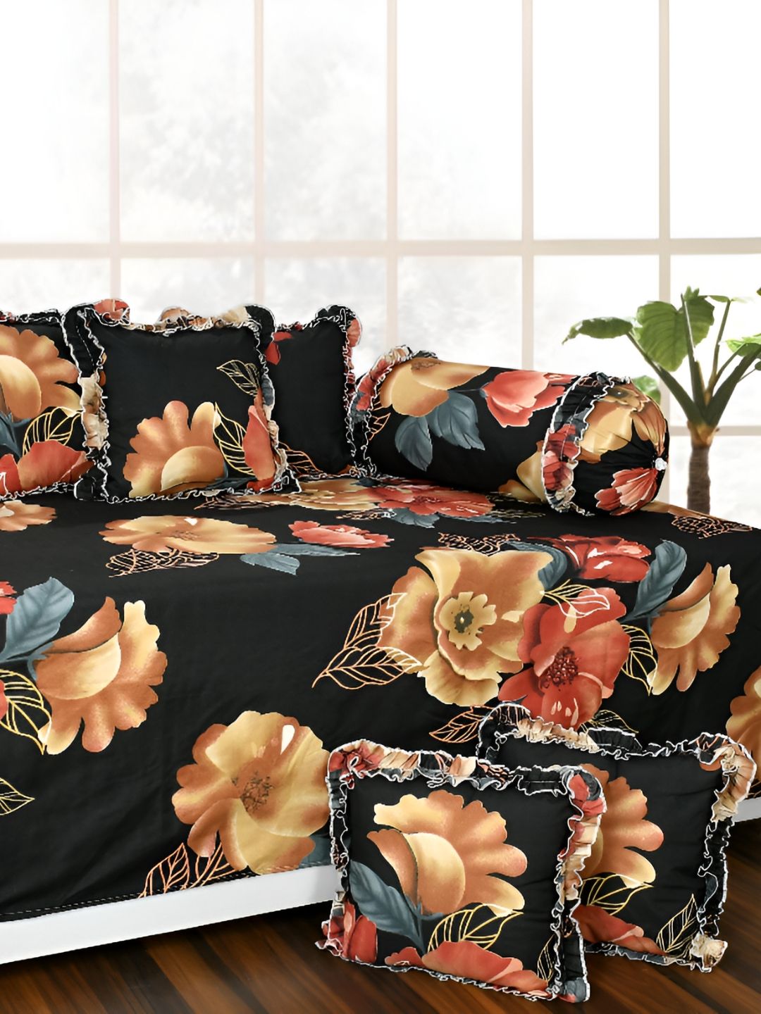 Luxmi Cotton Fabrics Set Of 8 Black Floral Printed Bedsheet With Bolster & Cushion Covers-picture-20