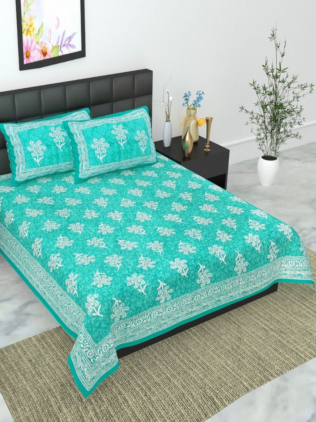 UNIBLISS Sea Green Floral Jaipuri Printed Cotton 144TC Queen Bedsheet Set-2.15mx2.35m-picture-10