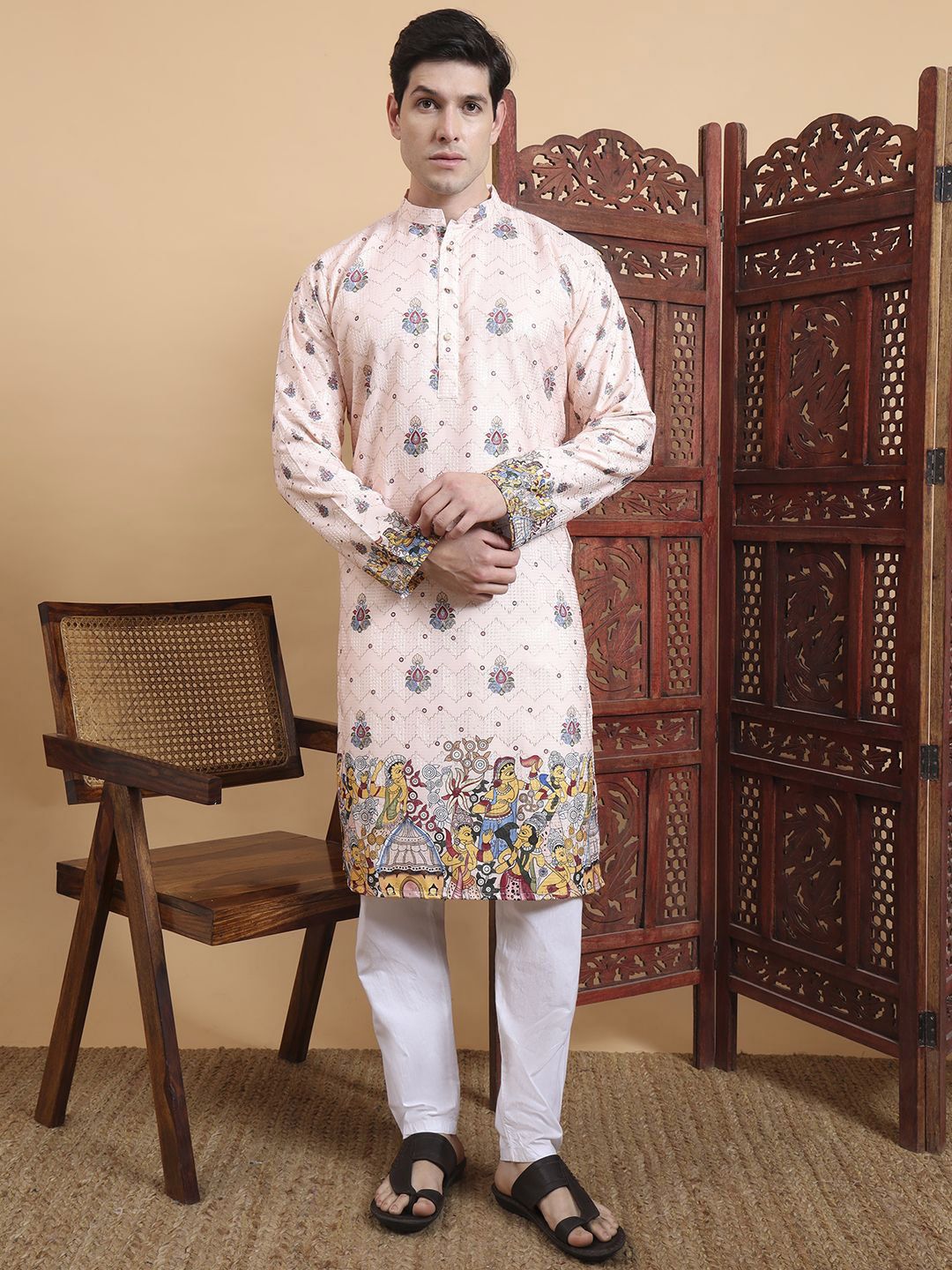 House of Pataudi Ethnic Motifs Printed Thread Work Mandarin Collar Pure Cotton Kurta-picture-34