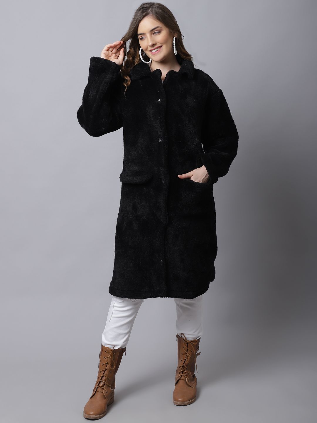 JAKANARY Women Solid Lightweight Longline Sherpa Jacket