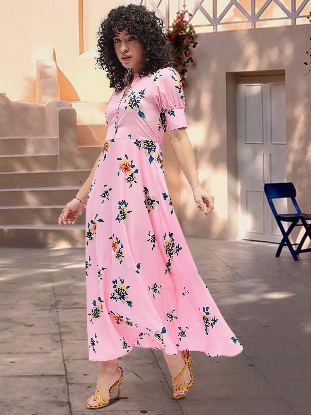 Deewa Women Floral Print Puff Sleeve A-Line Maxi Dress-picture-12