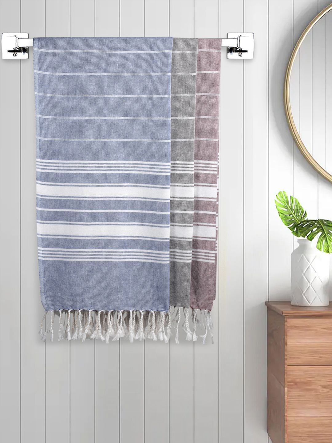 Myntra Elegant Homes Brown & Blue 3 Pieces Striped Cotton 225 GSM Bath Towels-image-49
