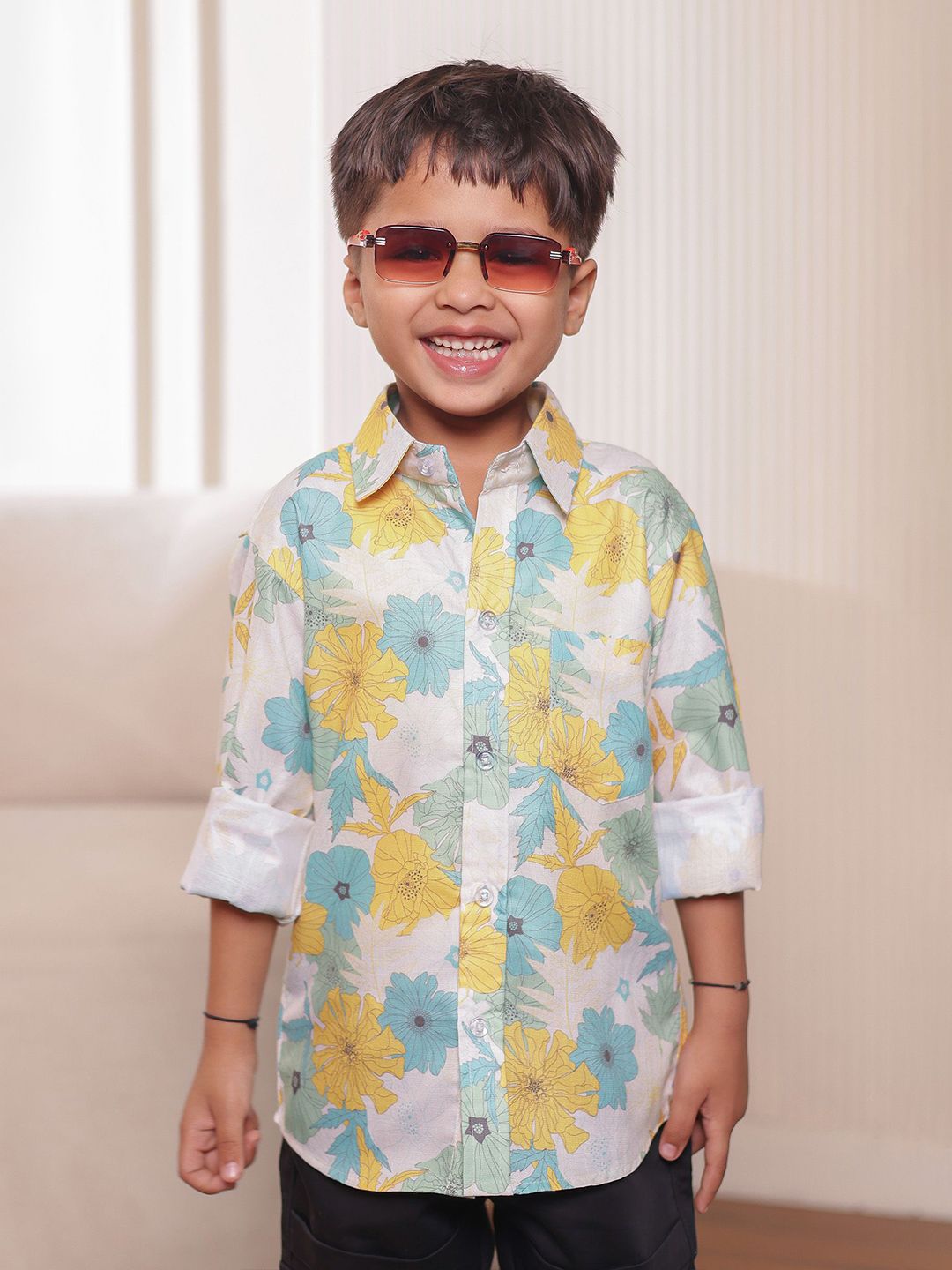 Stuffie Land Boys Classic Fit Floral Printed Spread Collar Cotton Casual Shirt-picture-12