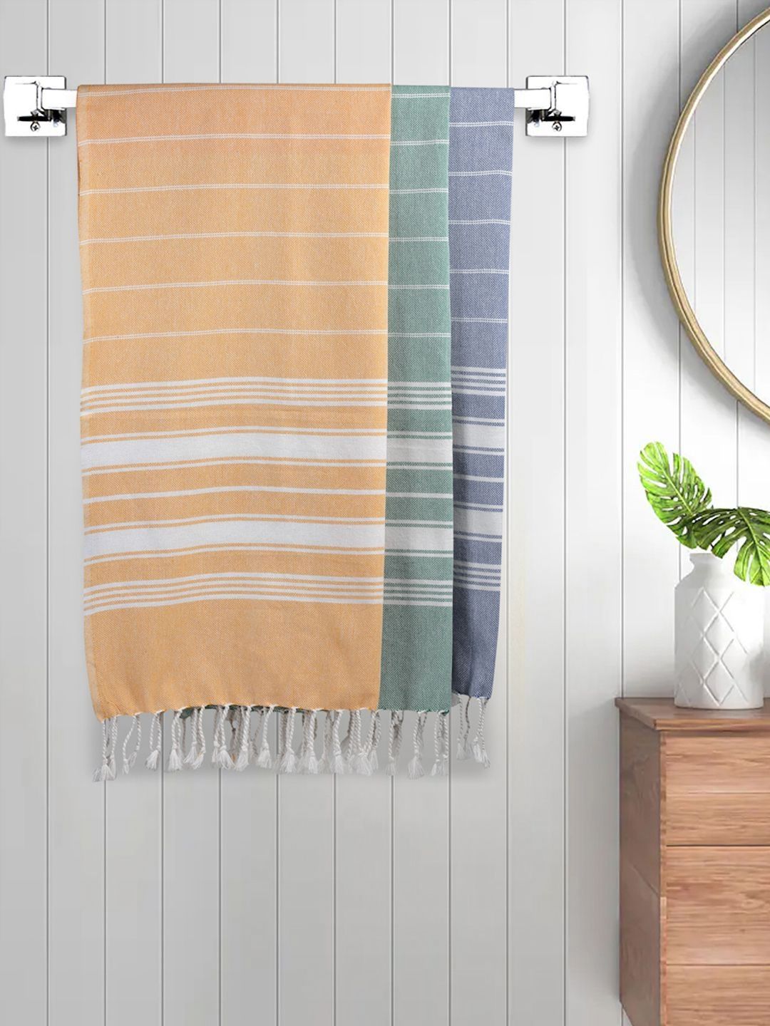 Myntra Elegant Homes Brown & Green 3 Pieces Striped Cotton 225 GSM Bath Towel-image-5