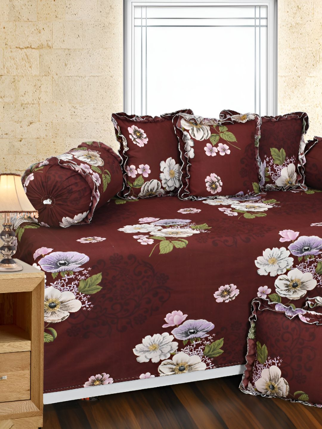 Luxmi Cotton Fabrics Set Of 8 Maroon Floral Printed Bedsheet With Bolster & Cushion Covers-picture-21