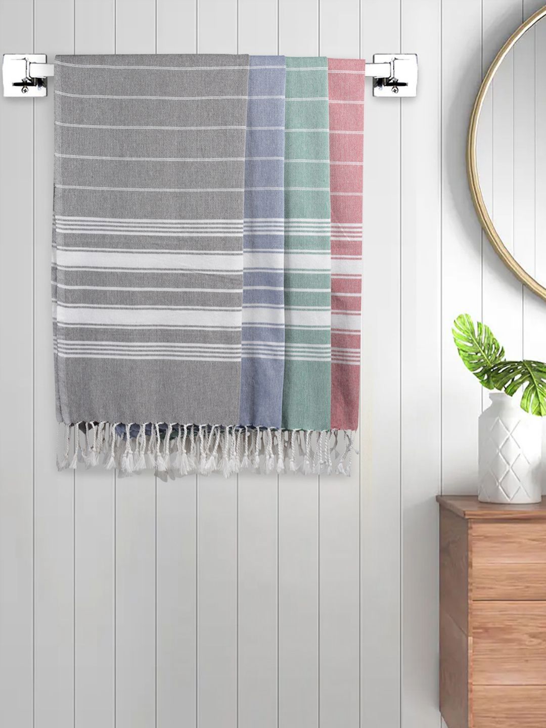 Myntra Elegant Homes Grey & Blue 4 Pieces Striped Cotton 225 GSM Bath Towel-image-34