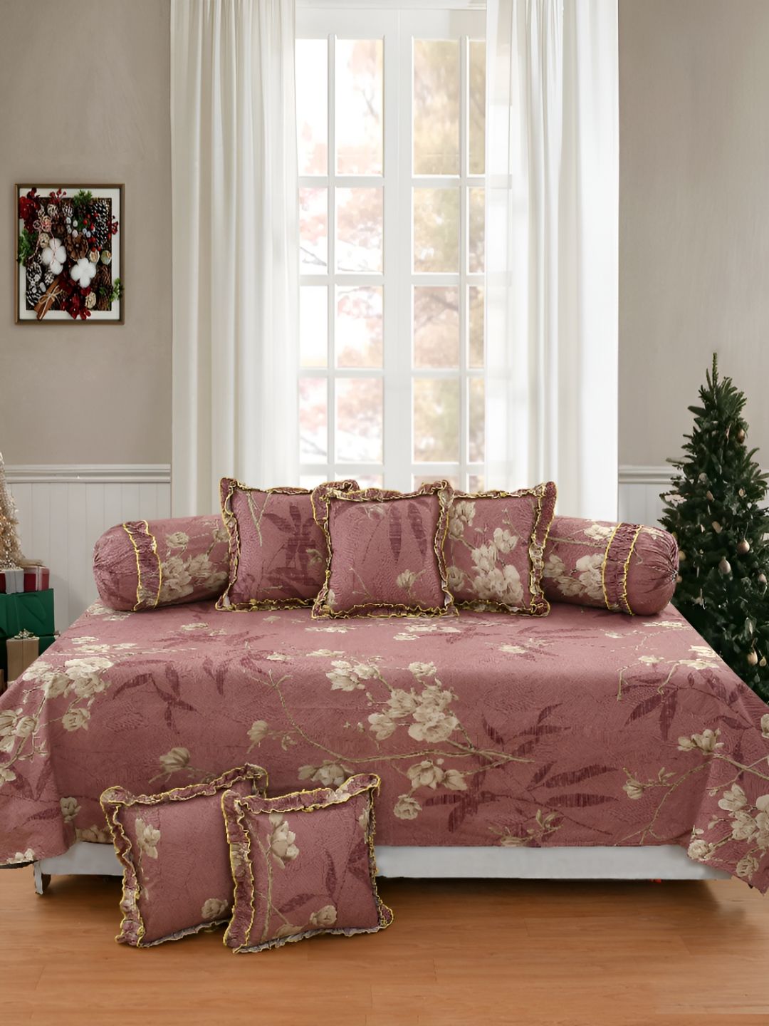 Luxmi Cotton Fabrics Set Of 8Blue & White Ethnic-Printed Polycotton Diwan Set