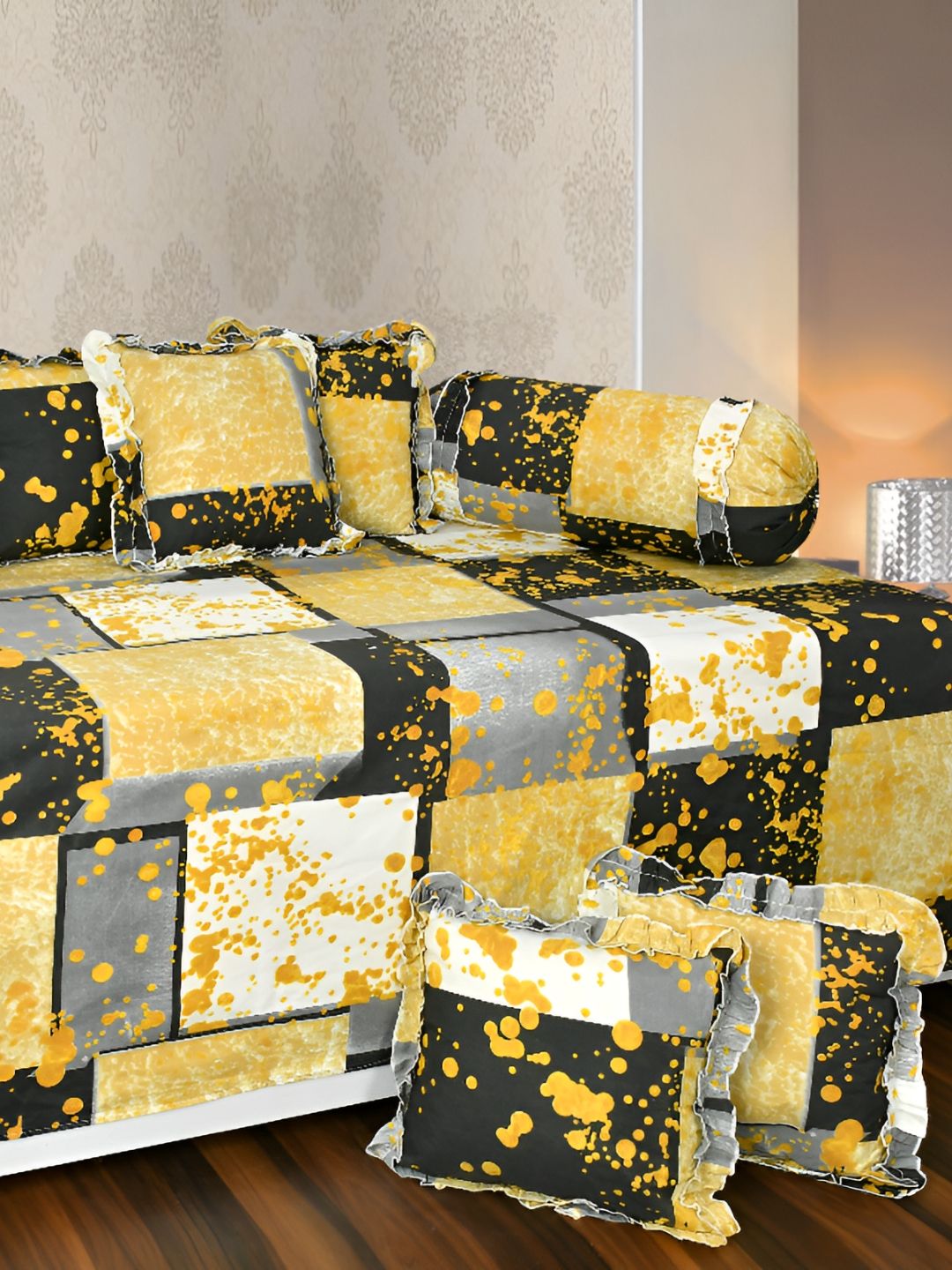 Luxmi Cotton Fabrics Set Of 8Yellow & White Printed Polycotton Diwan Set-picture-35