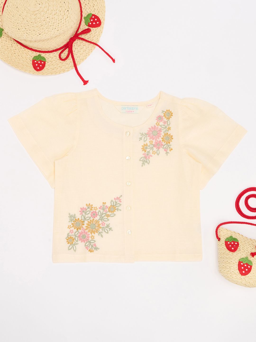 AKKRITI BY PANTALOONS Girl Floral Embroidered Cap Sleeves Cotton Top-picture-44
