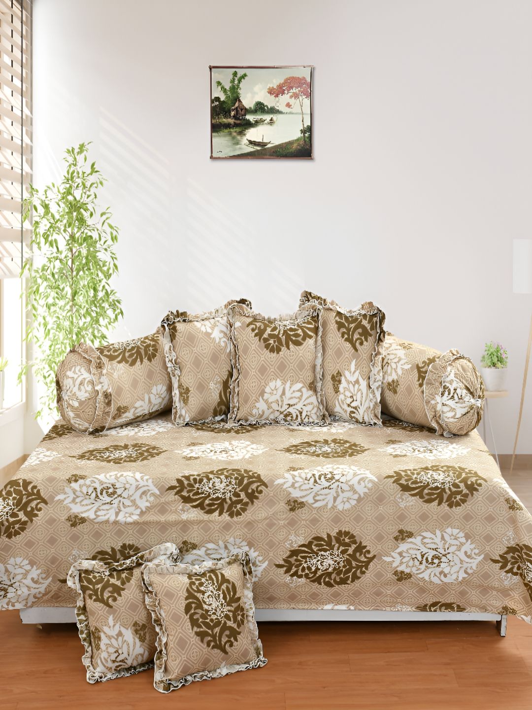 Luxmi Cotton Fabrics Set Of 8 Beige Ethnic Printed Bedsheet With Bolster & Cushion Covers-picture-17