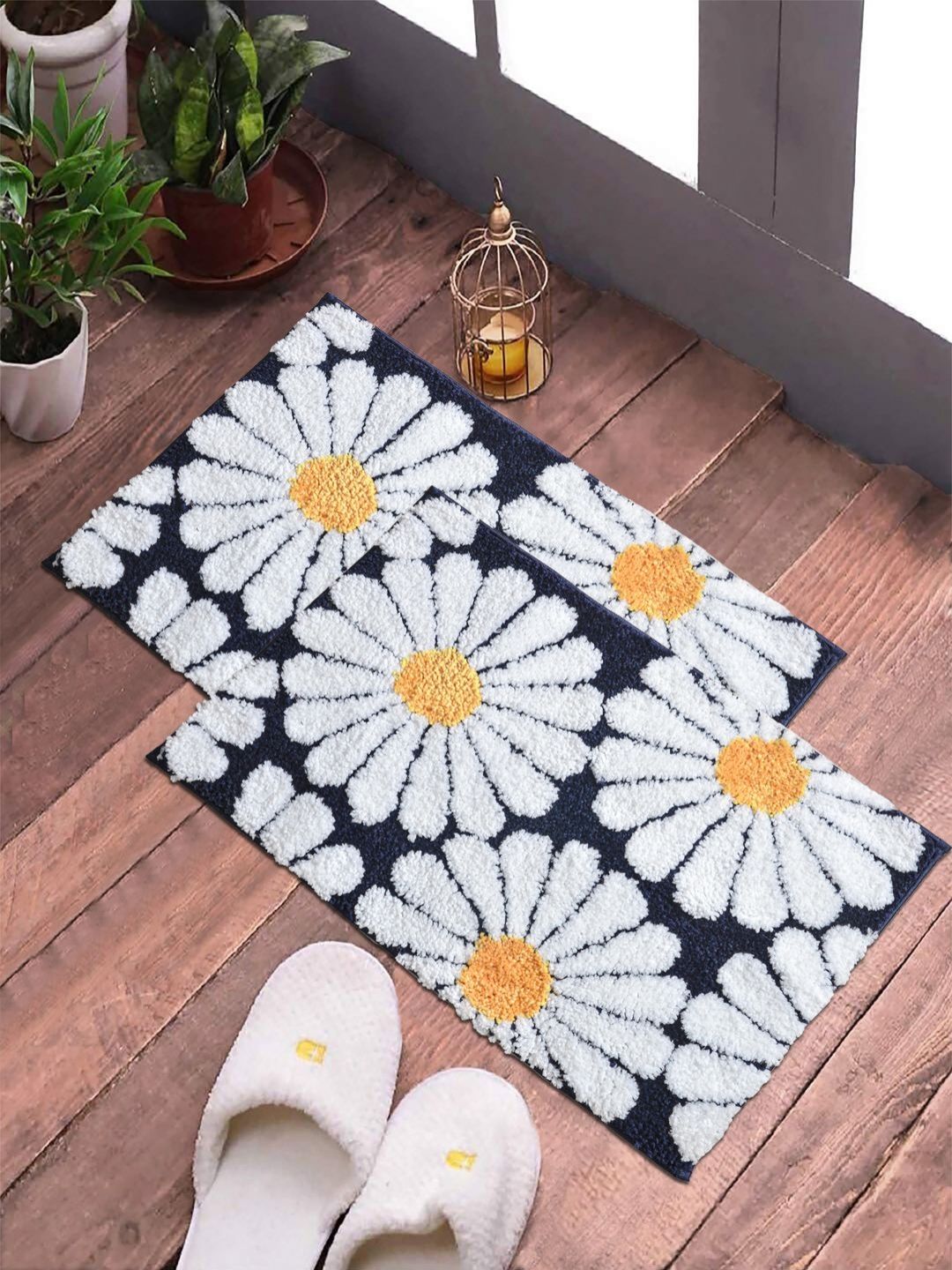 Myntra Elegant Homes 2Pcs Blue & White Floral Printed Anti-Skid Doormats-image-27