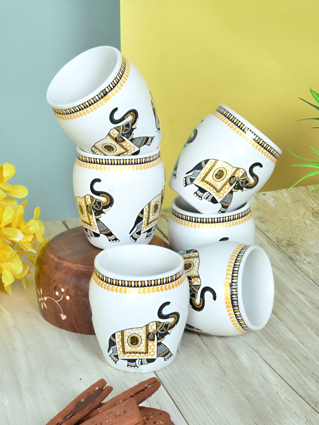 Myntra Elegant Homes White & Yellow 6 Pieces Printed Ceramic Glossy Kulladhs 150ml-picture-43