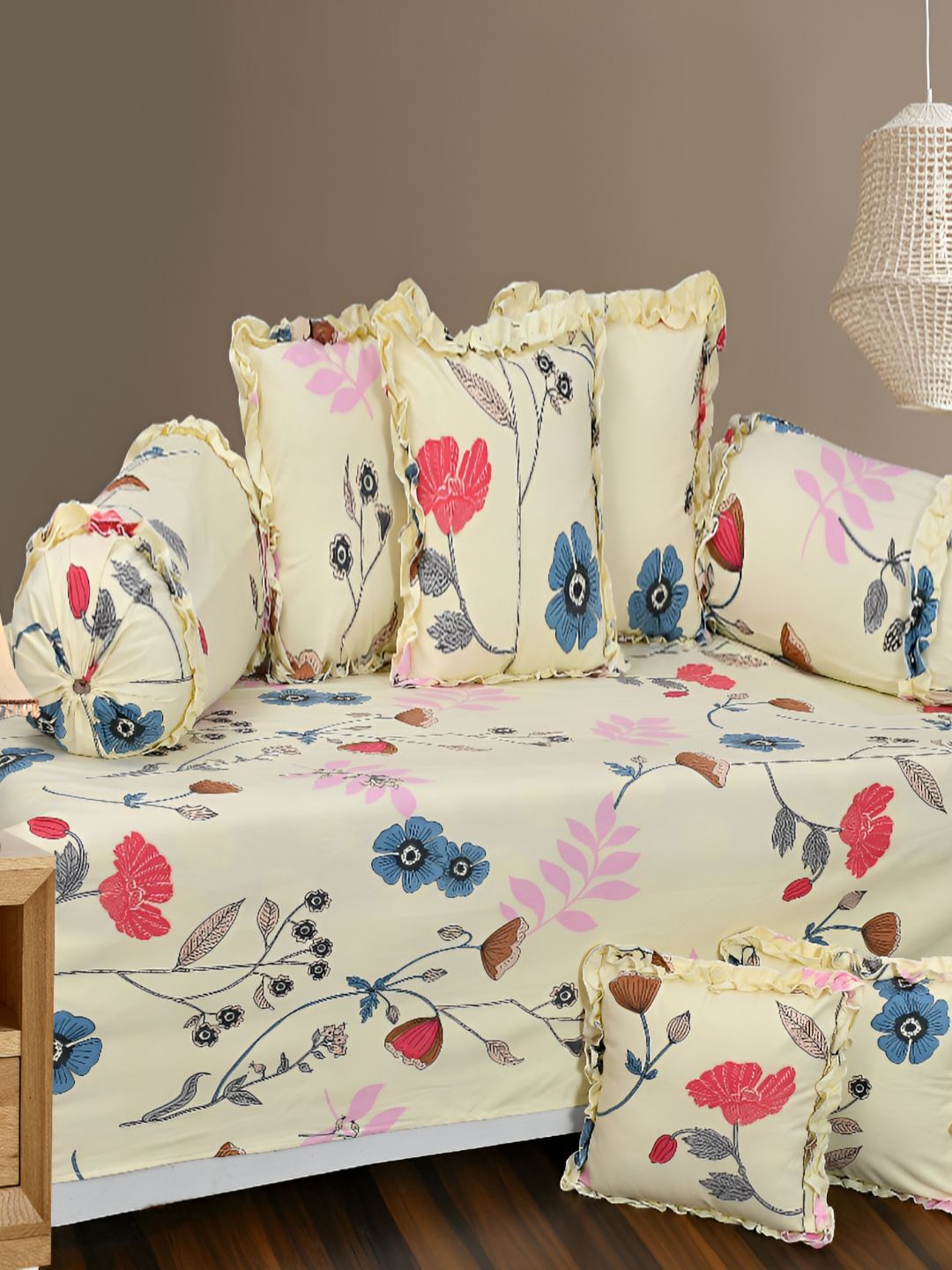 Luxmi Cotton Fabrics Set Of 8Blue & Beige Printed Polycotton Diwan Set-picture-10