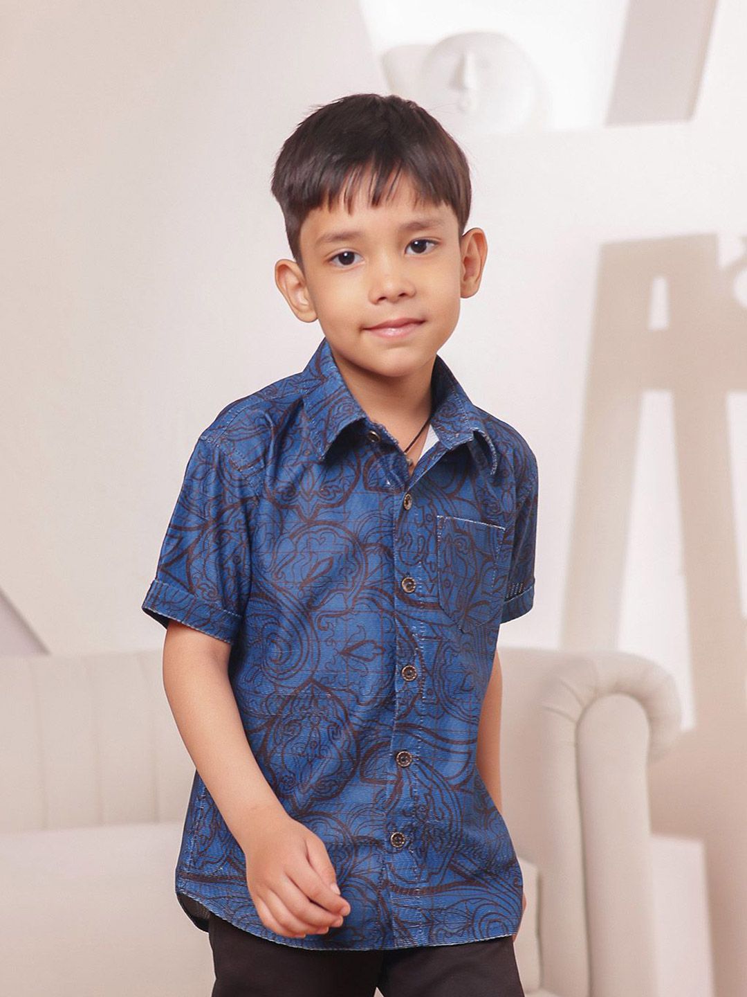 Stuffie Land Boys Classic Fit Floral Printed Spread Collar Cotton Casual Shirt-picture-11