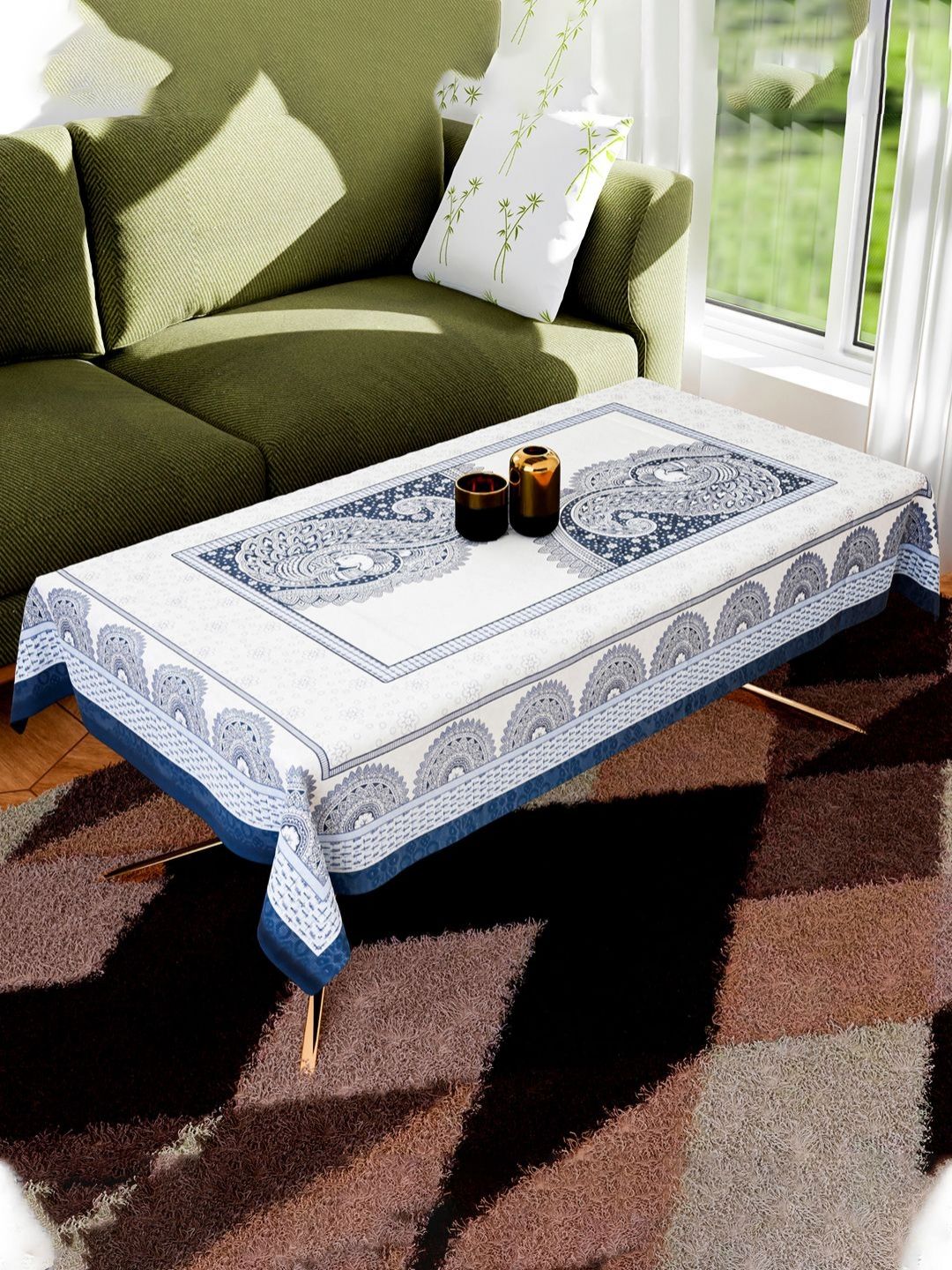Myntra Elegant Homes Blue & White Floral Printed 4-Seater Cotton Center Table Cover-picture-30