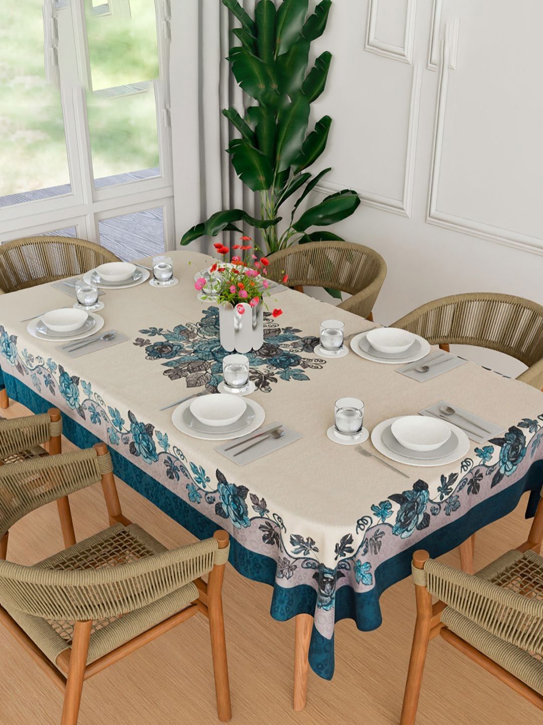 Myntra Elegant Homes Blue & Beige Floral Embroidered 6-Seater Cotton Dinning Table Cover-picture-44