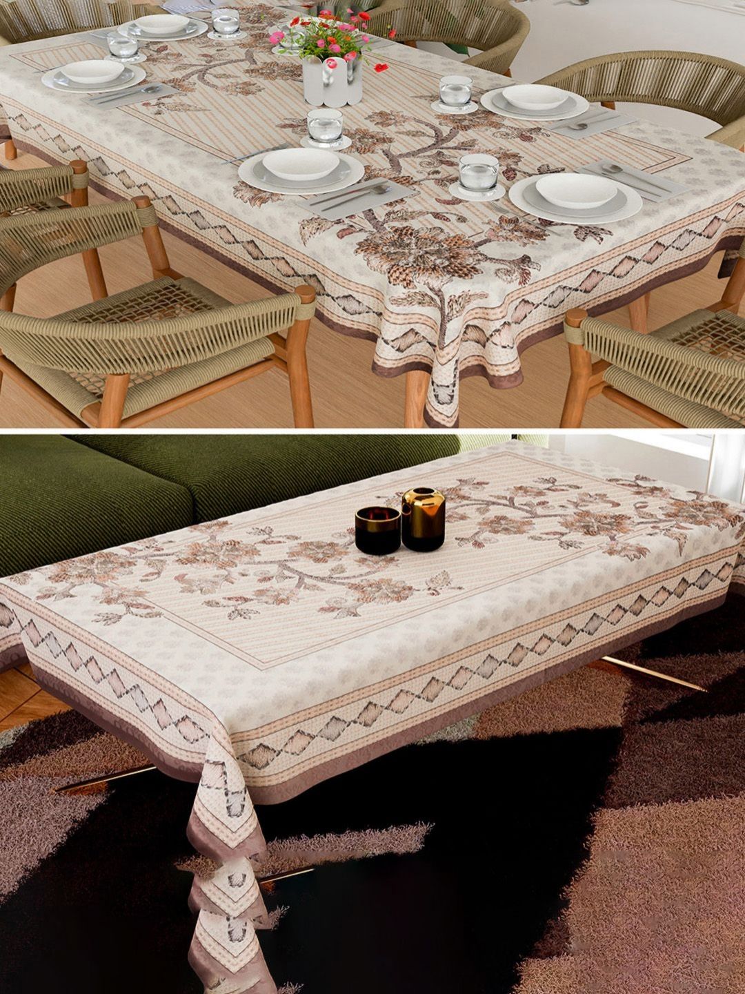 Myntra Elegant Homes Brown 2 Pieces Floral Embroidered 6-Seater Cotton Table Cover Set-picture-37