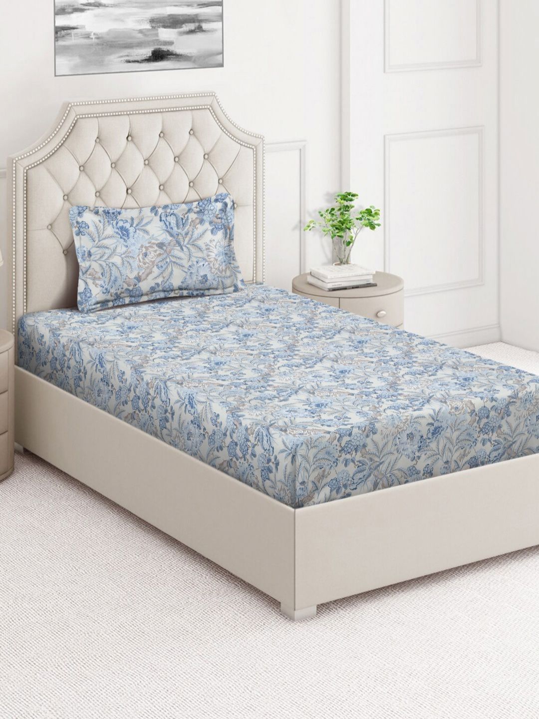 Arrabi Blue & Cream Floral Printed 350 TC Single Bedsheet Set 2.15 m x 1.5 m-image-17