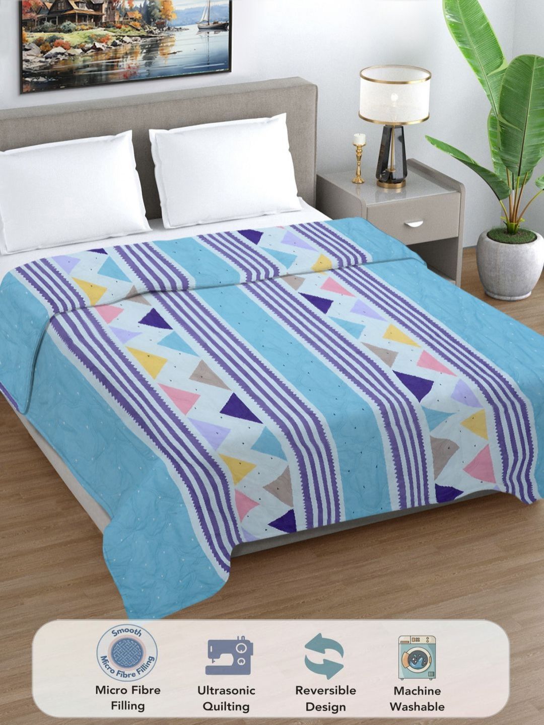 Myntra Elegant Homes Blue Geometric Printed Reversible AC Room 350GSM Double Bed Comforter-image-18