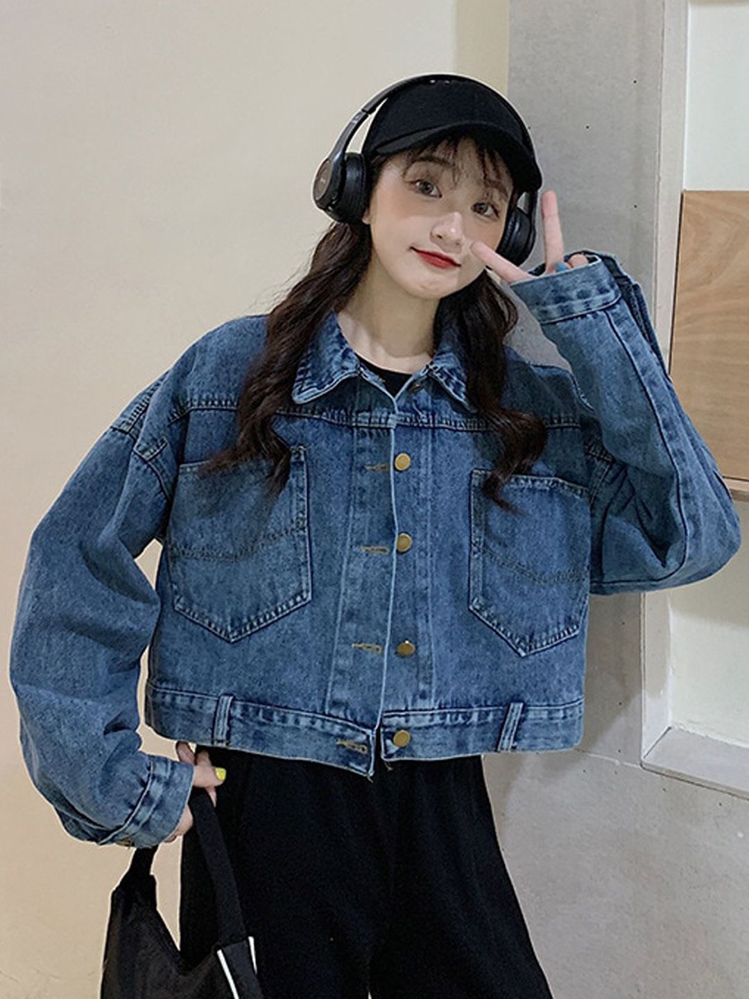 StyleCast x Revolte Blue Washed Spread Collar Crop Cotton Denim Jacket