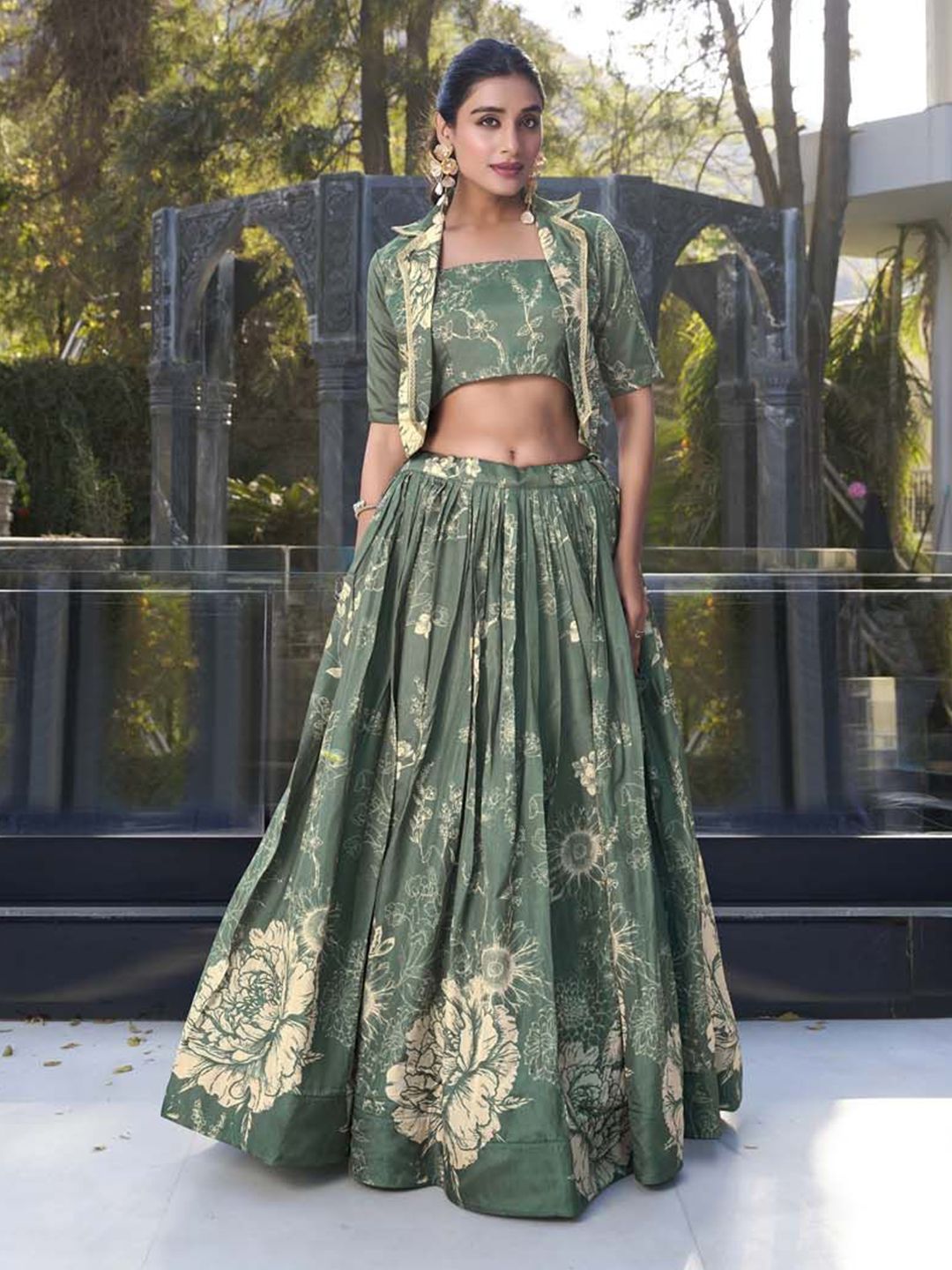 LOOKNBOOK ART Printed Ready to Wear Tussar Silk Lehenga & Choli