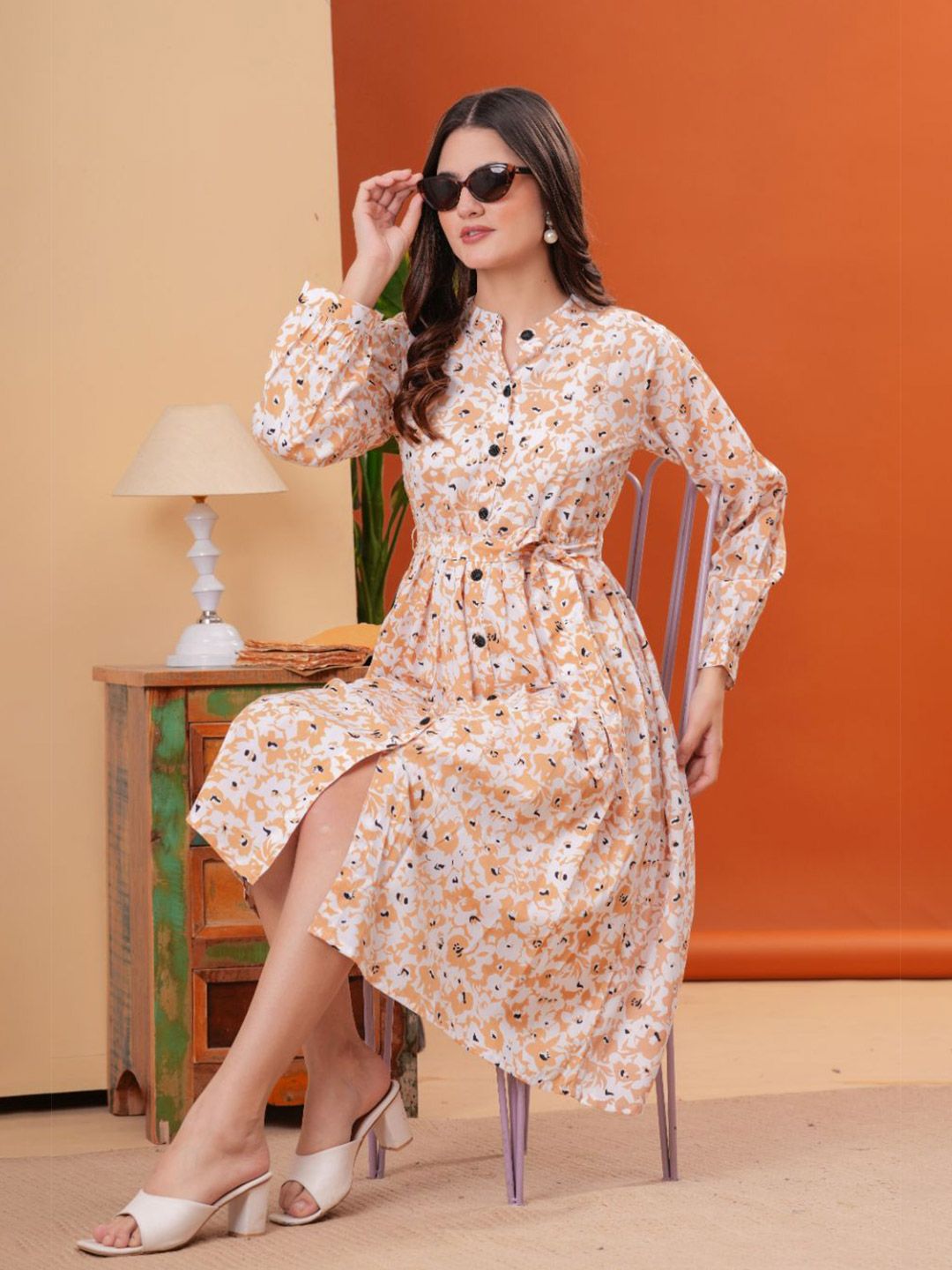 Women's Red Mandarin Collar Floral Printed Cotton Fit & Flare Dress