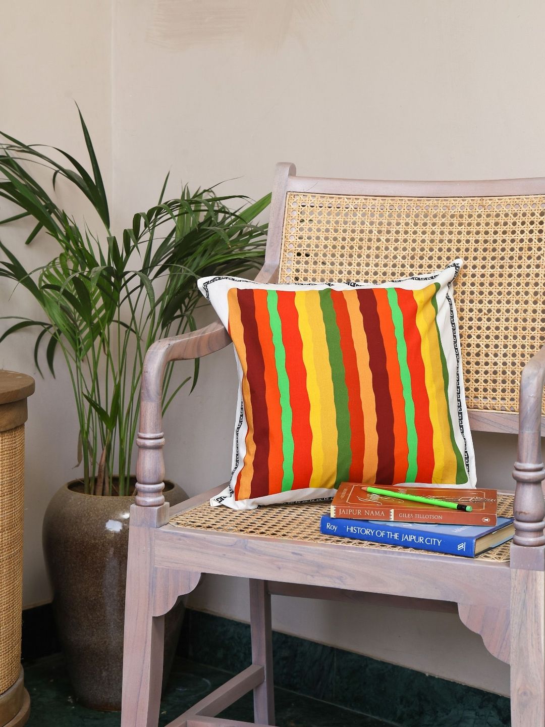 Myntra Elegant Homes Aztec Echoes White & Yellow Striped Square Cushion Cover-image-1