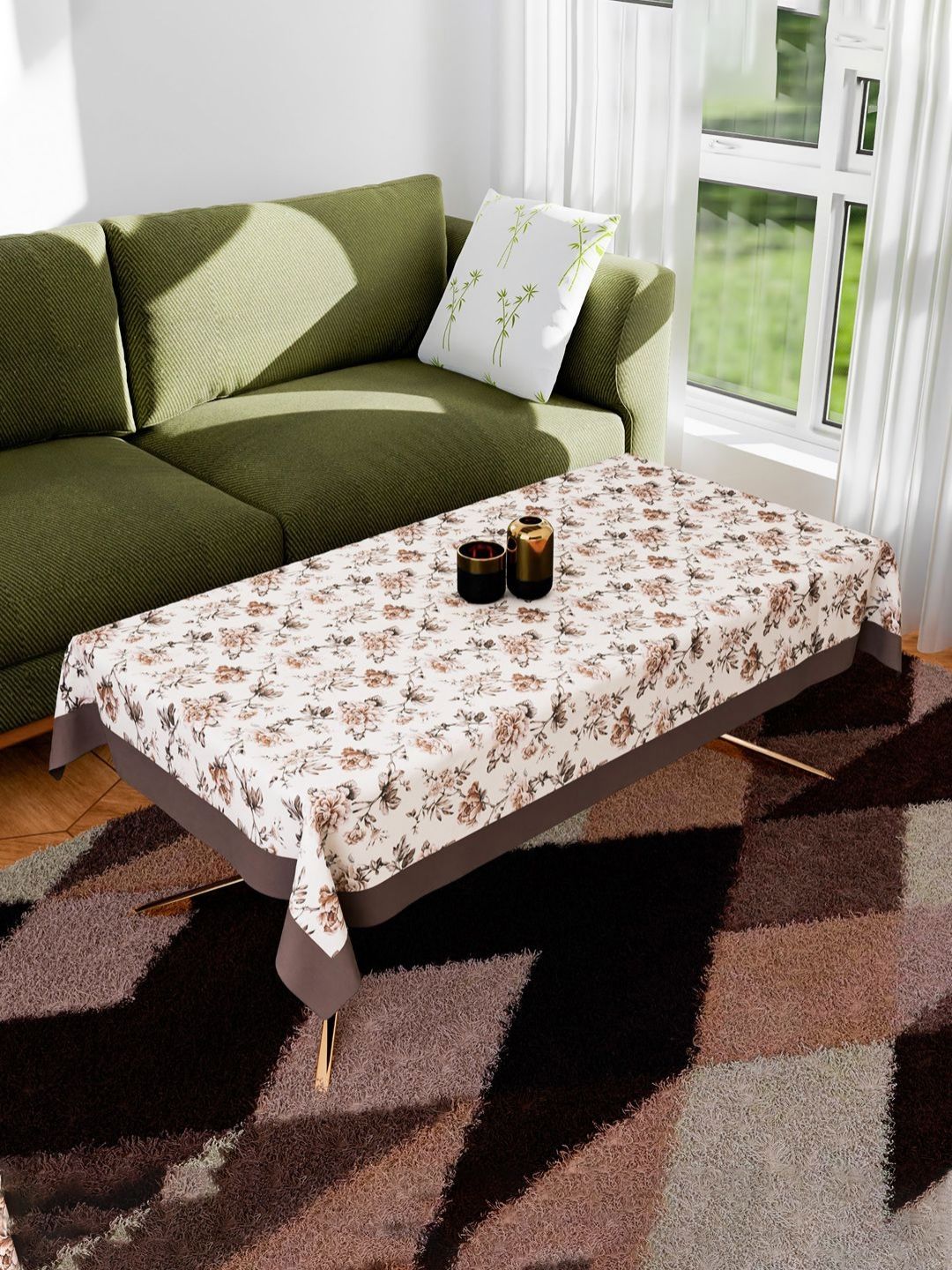 Myntra Elegant Homes Cream & Grey Floral Printed 4-Seater Cotton Centre Table Cover-picture-30