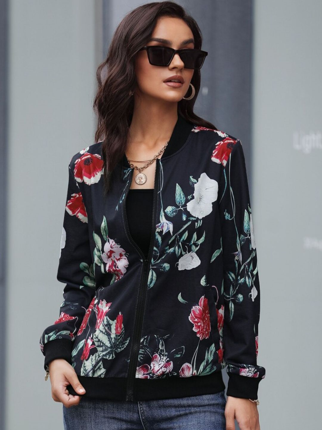 StyleCast Black & White Floral Printed Bomber Jacket