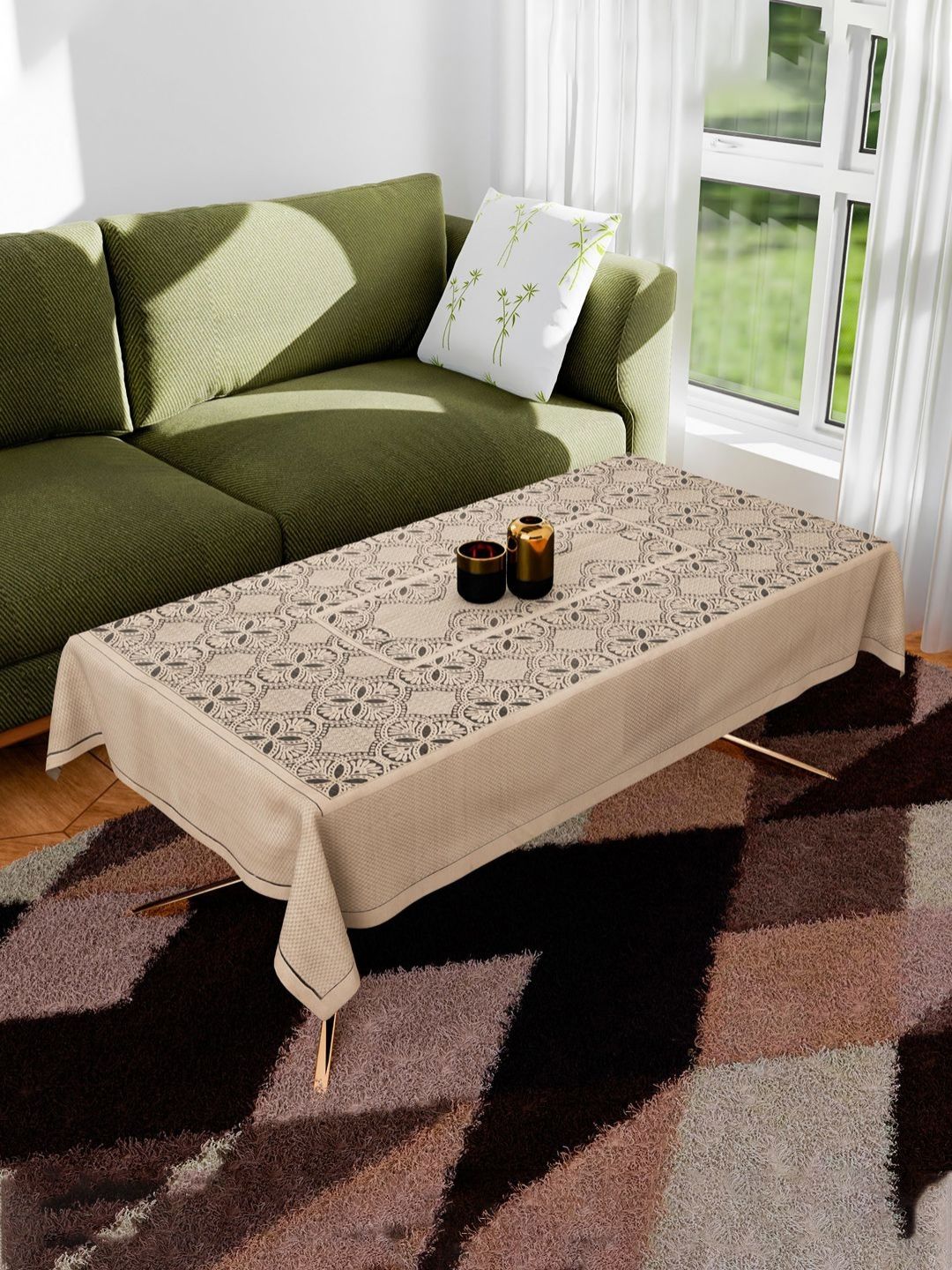 Myntra Elegant Homes Beige & Black Floral Self Design Cotton 4-Seater Centre Table Cover-picture-18