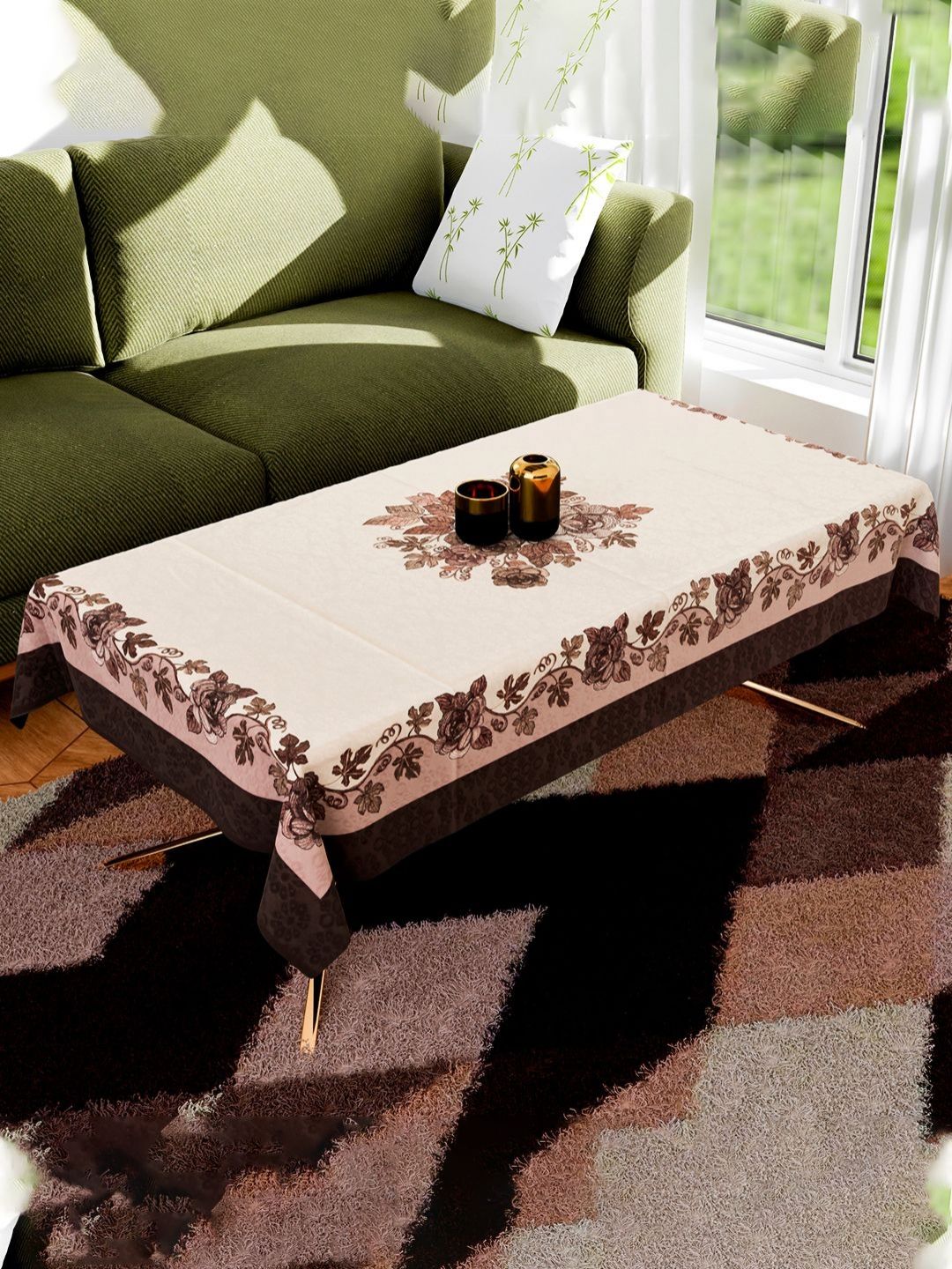 Myntra Elegant Homes Beige & Brown Floral Embroidered 4-Seater Cotton Center Table Cover-picture-14