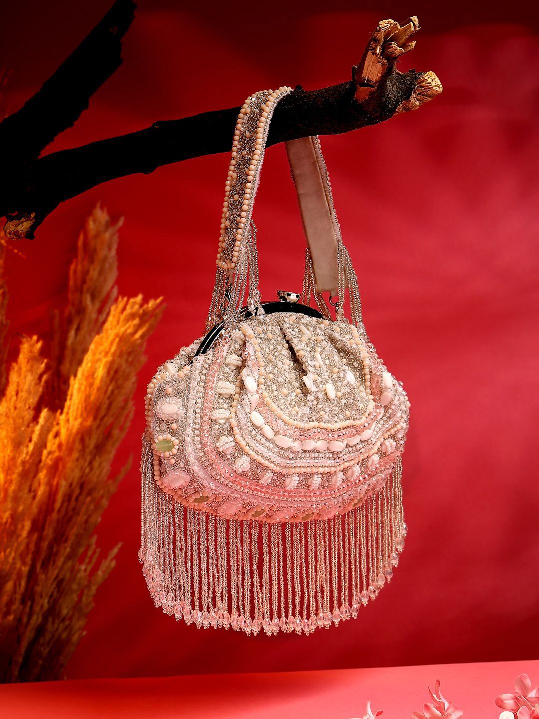 Anekaant Droop White & Pastel Multi Bead Work Embellished Faux Silk Clutch-picture-26