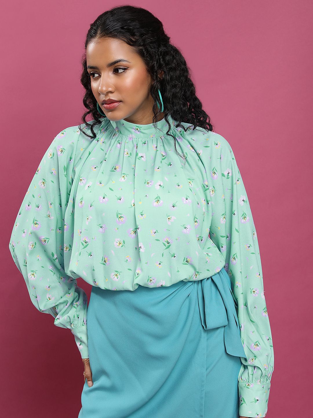 Tokyo Talkies Women Floral Print High Neck Cuffed Sleeves Blouson Top-picture-31