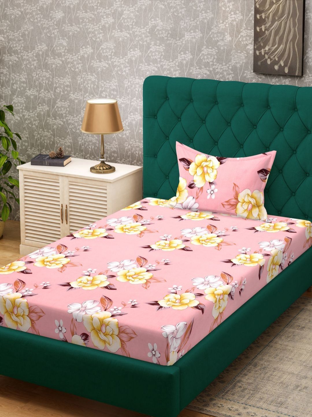 Myntra Elegant Homes Pink & Yellow Printed 300 TC Single Bedsheet Set 2.25 m x 1.50 m-image-47