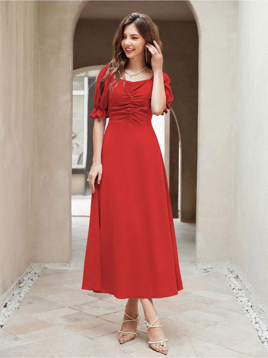 Sugathari Women Puff Sleeve A-Line Midi Dress