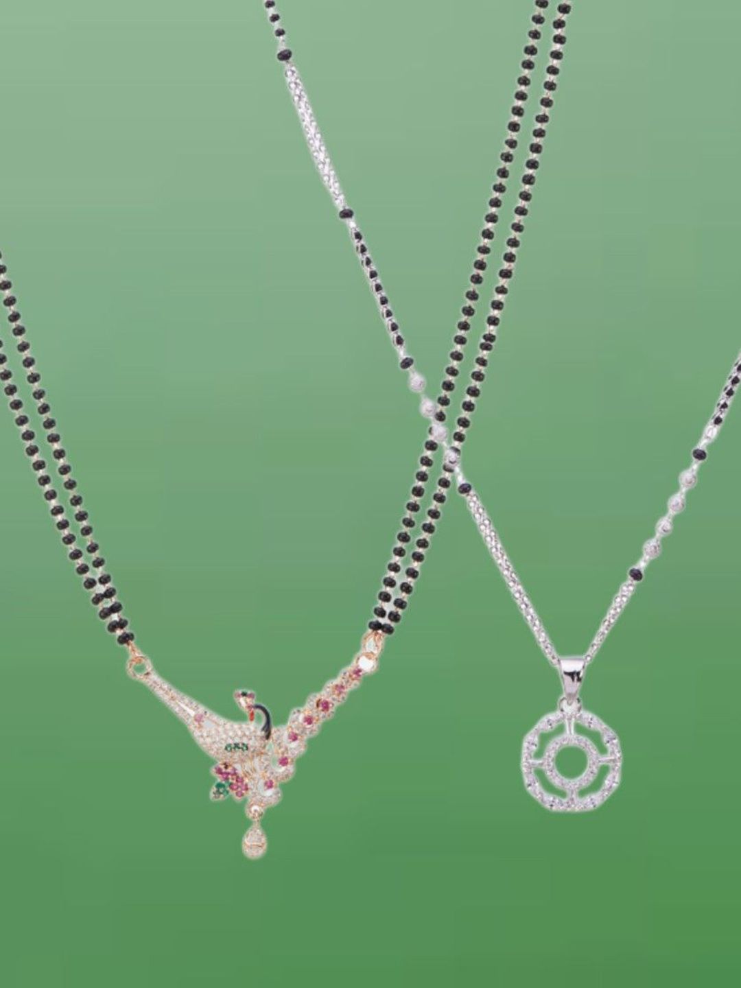 ATIBELLE Set Of 2 Rose Gold-Plated Cubic Zirconia Studded Mangalsutras