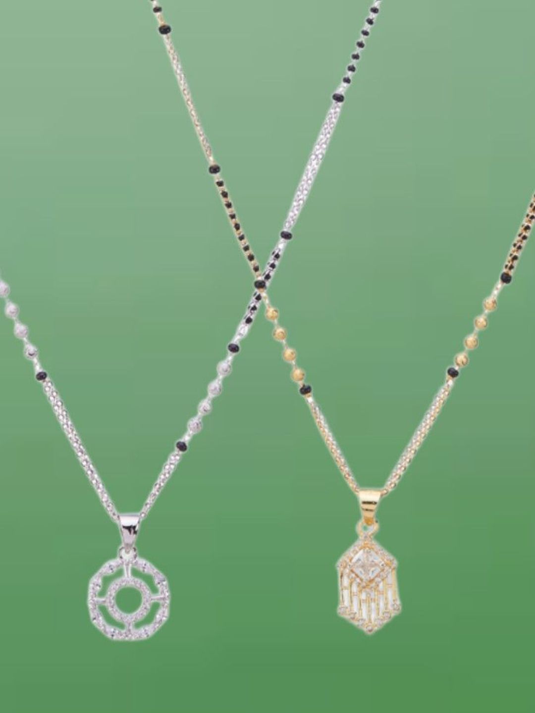 ATIBELLE Set of 2 Gold & Silver-Plated Cubic Zirconia Stone Studded & Beaded Mangalsutras