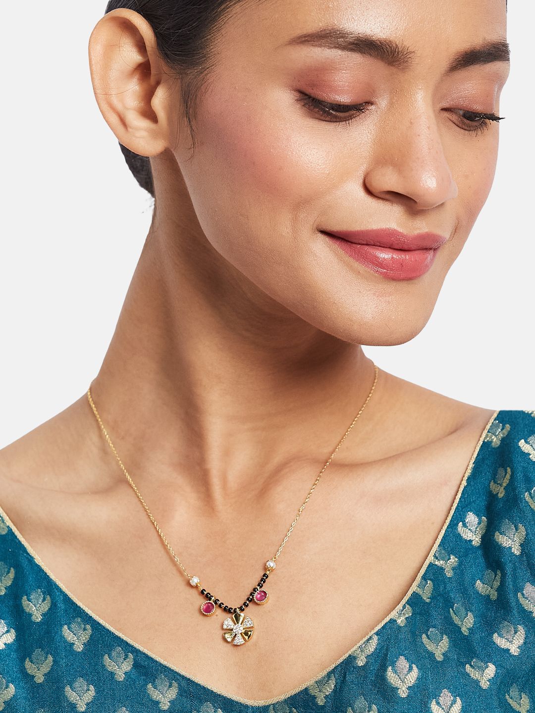 ATIBELLE Set of 2 Gold-Plated Cubic Zirconia Stone Studded & Beaded Mangalsutras