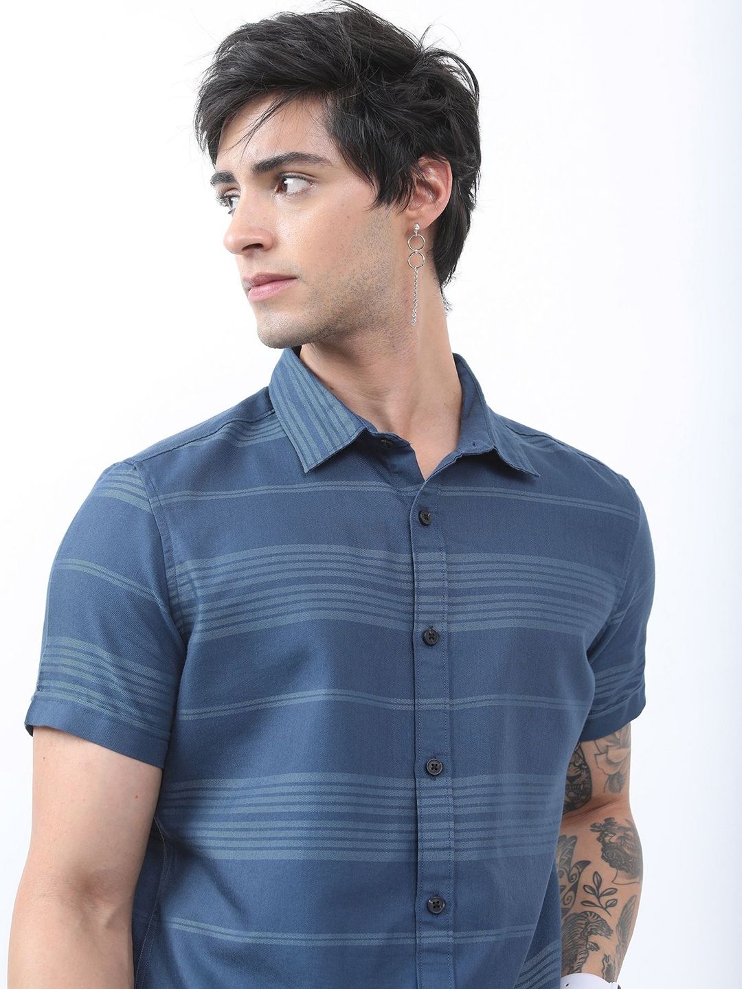 HIGHLANDER Striped Slim Fit Cutaway Collar Casual Shirt-image-4