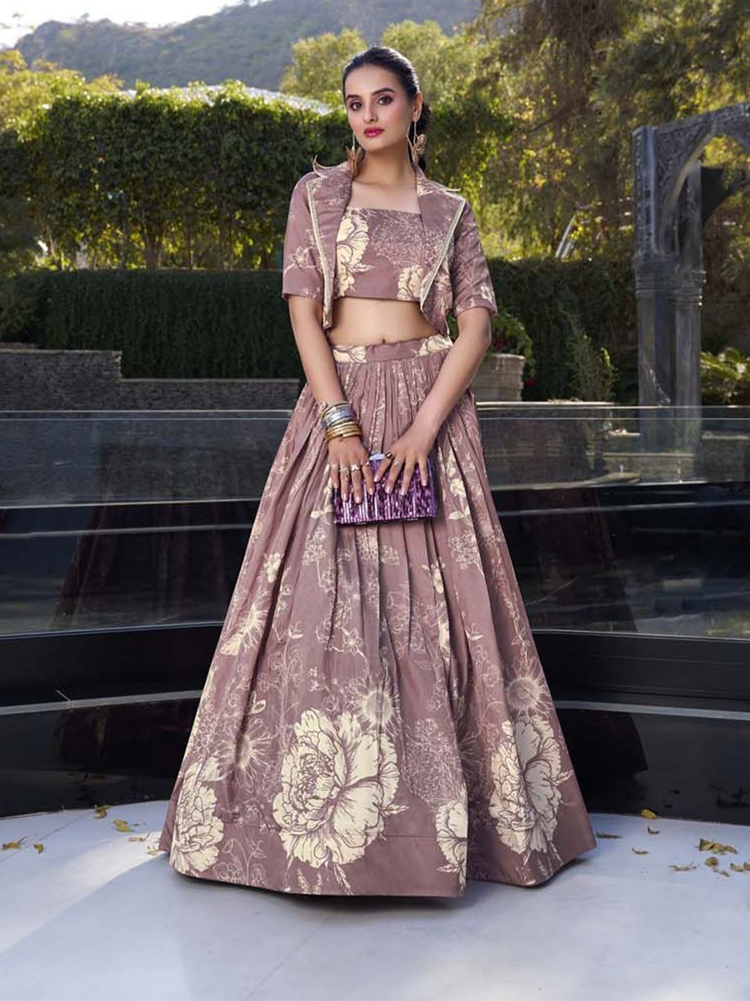 LOOKNBOOK ART Printed Ready to Wear Tussar Silk Lehenga & Choli
