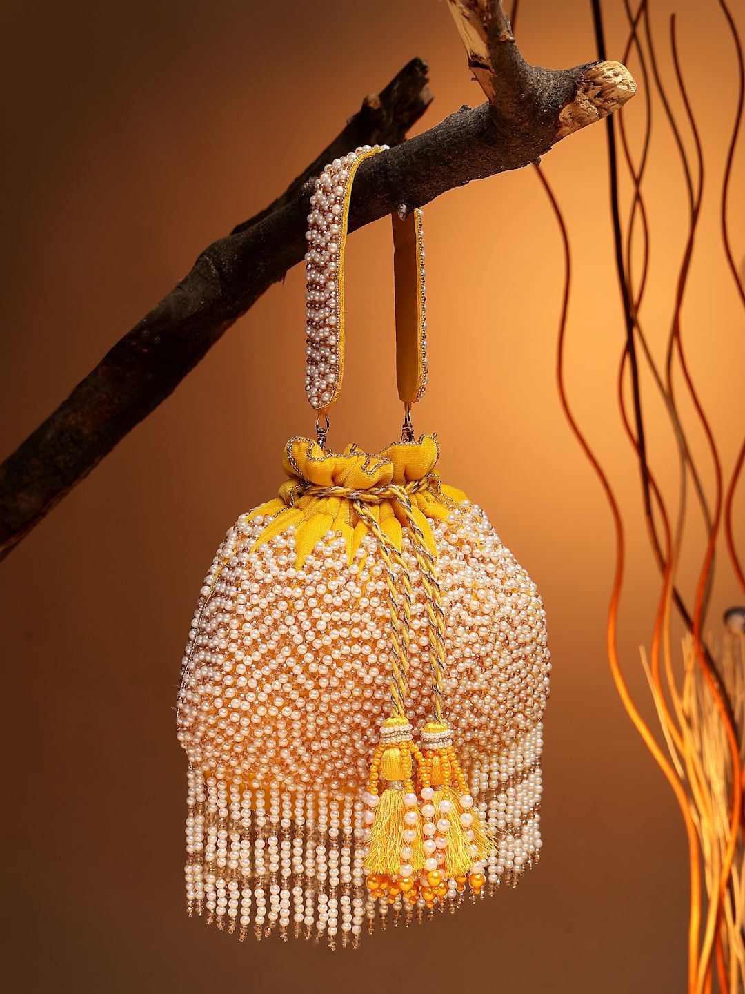 Anekaant Droop Honey Yellow & Pearl Chevron Embellished Velvet Potli-picture-13