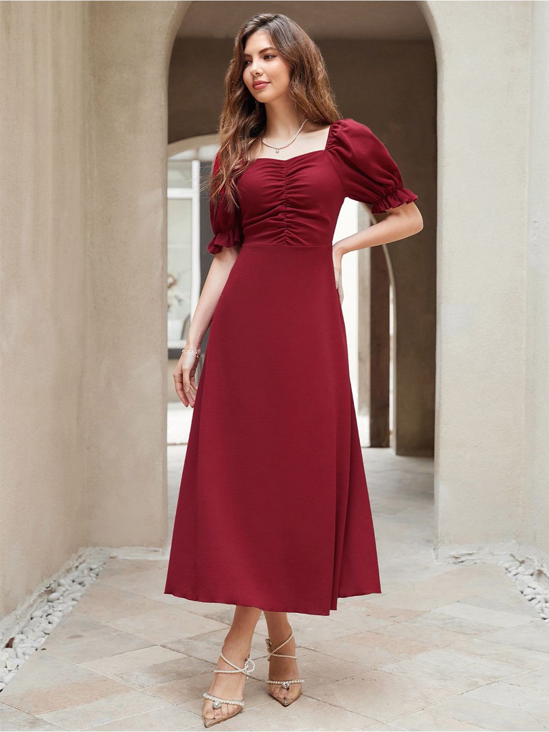 Sugathari Women Puff Sleeve A-Line Midi Dress