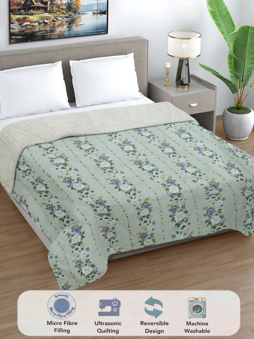 Myntra Elegant Homes Green Floral Printed Reversible AC Room 350 GSM Double Bed Comforter-image-35