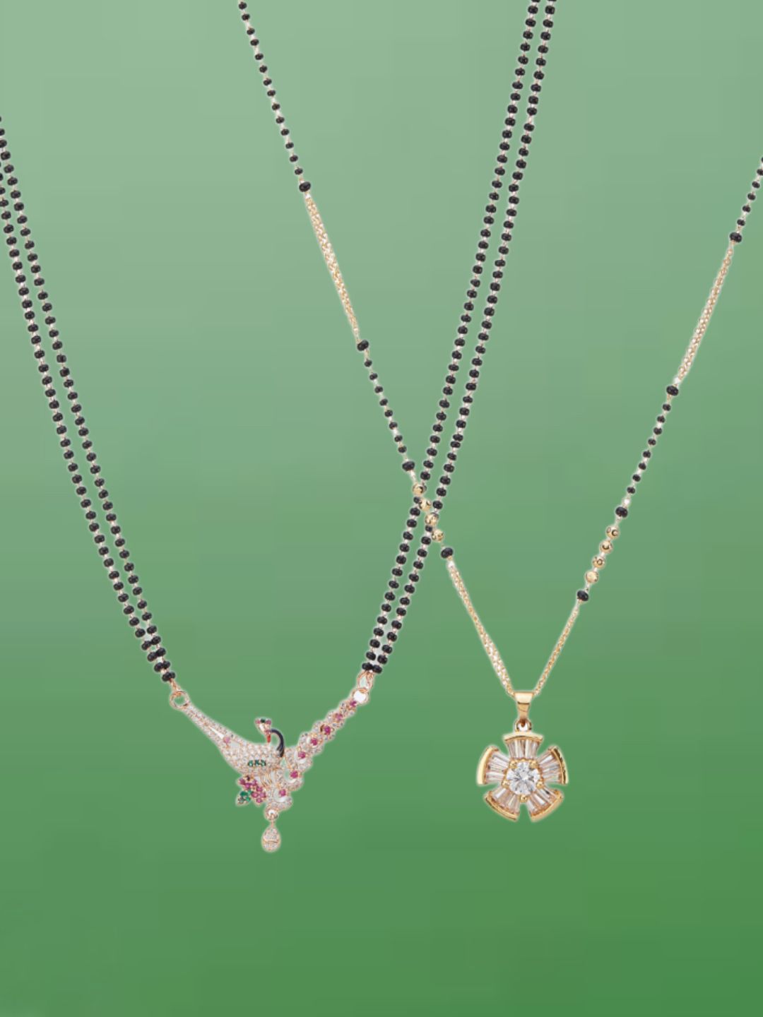 ATIBELLE Set Of 2 Rose Gold-Plated Cubic Zirconia Studded Mangalsutras