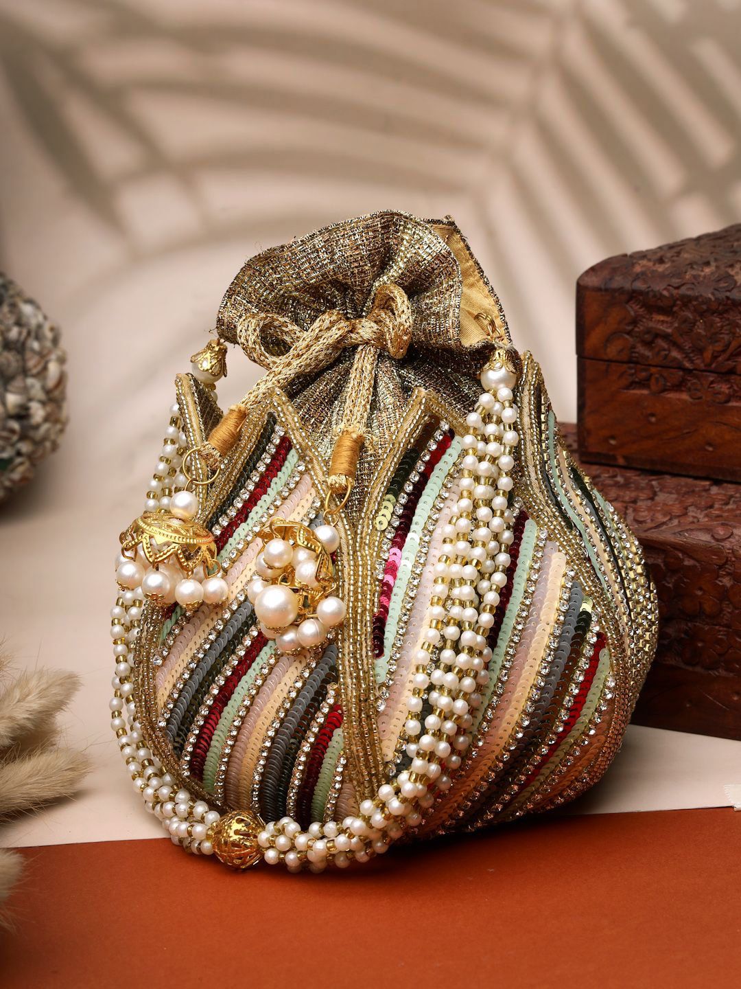 Anekaant Lotus Golden & Multi Striped Embellished Faux Silk Potli-image-45