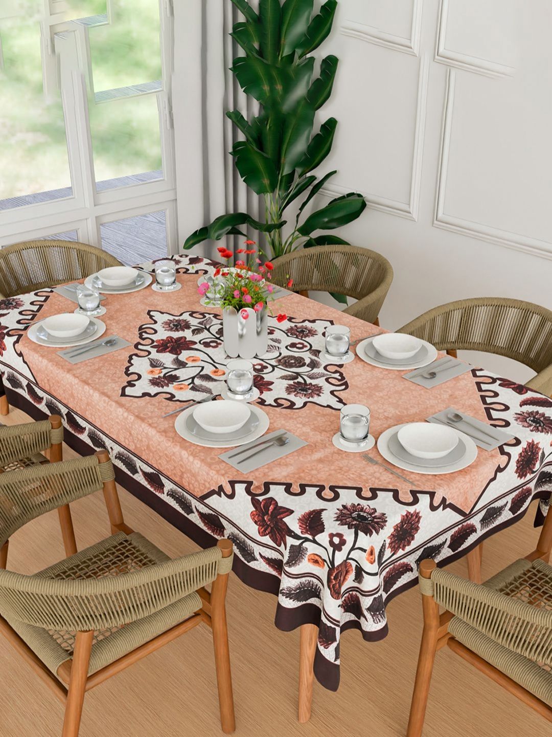 Myntra Elegant Homes Brown Floral Printed 6-Seater Cotton Centre Dining Table Cover-picture-32
