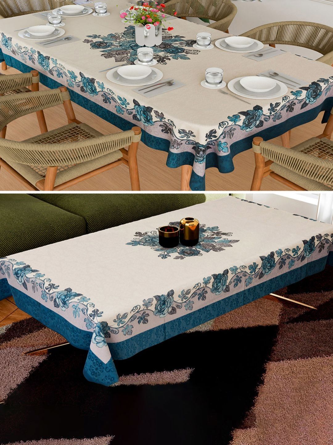 Myntra Elegant Homes Blue & White 2 Pcs Floral Embroidered Cotton 6-Seater Table Cover Set-picture-38